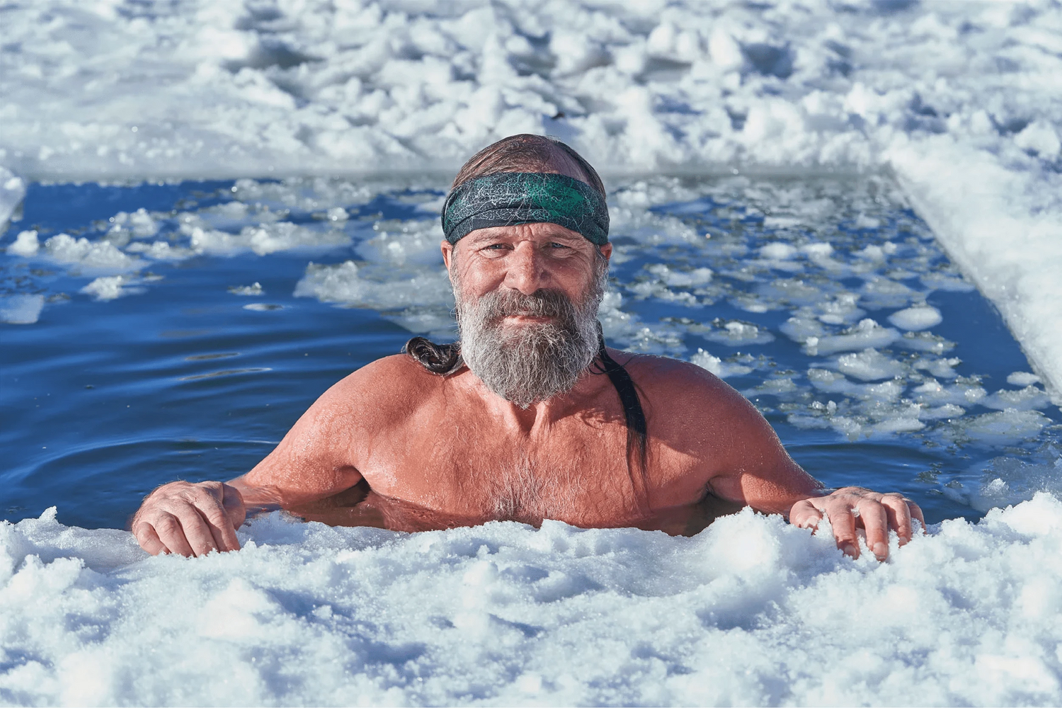 Man with a beard and headband in icy water